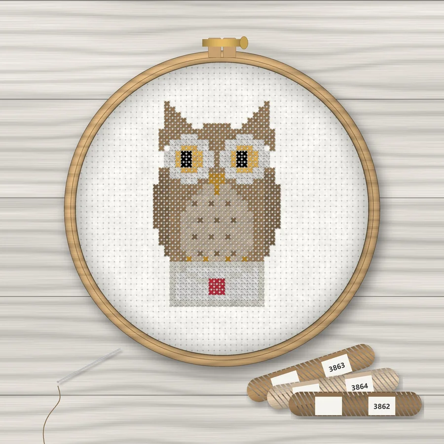 Owl with a Letter cross stitch finished in a wooden embroidery hoop with DMC thread skeins